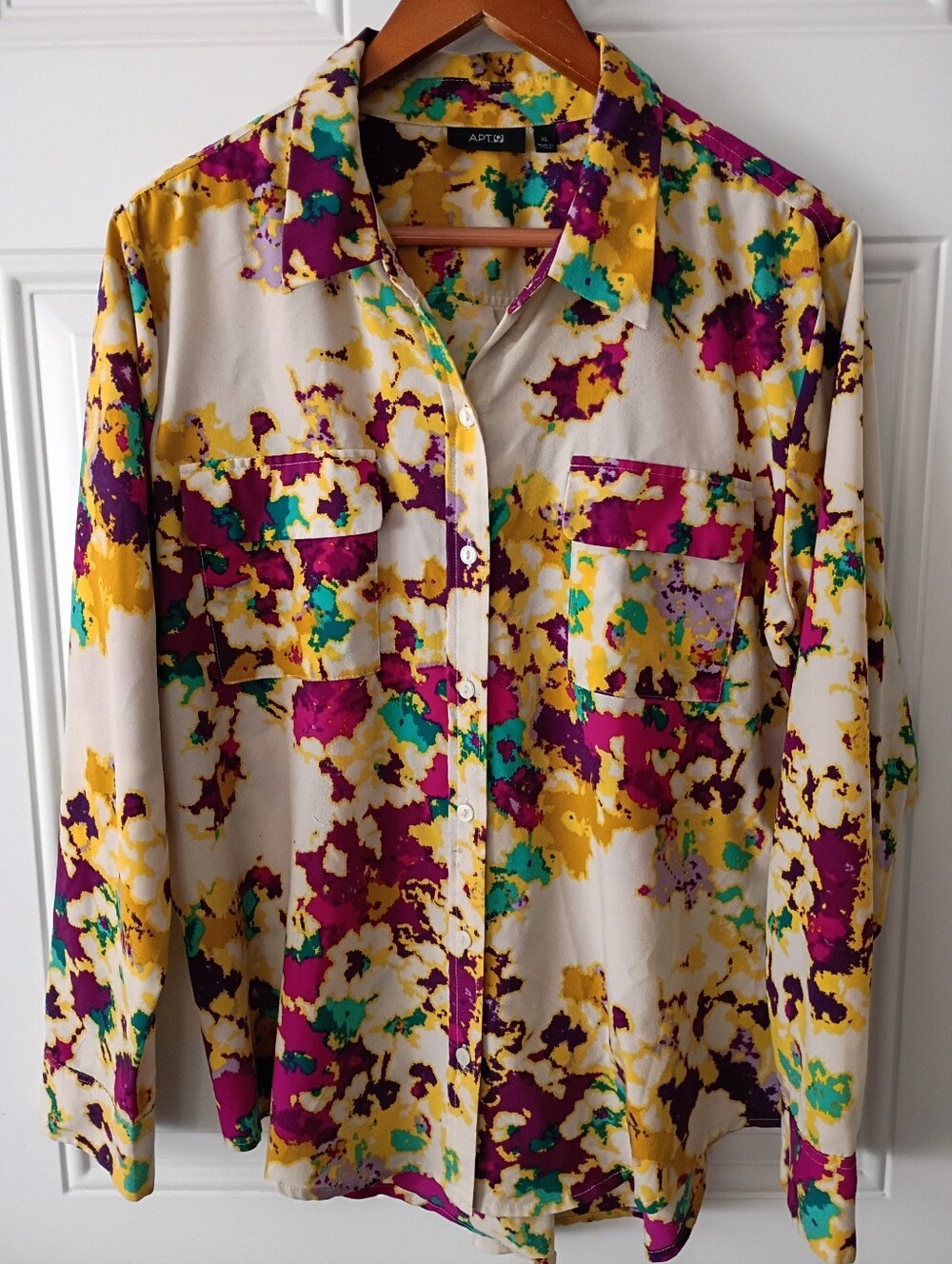 Apt. 9 Women's Printed Button-Up Blouse in Cream with Fuchsia & Yellow Accents